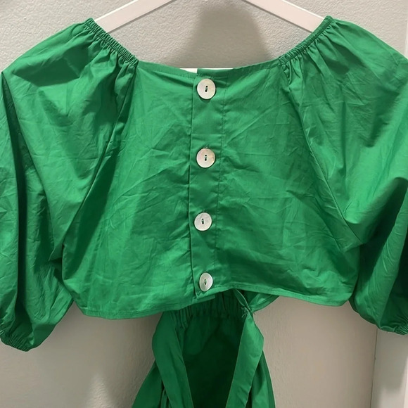 Shein Emerald Green Cutout Open Back Bow Tie Puff Sleeve Mini Dress - Picture 4 of 7